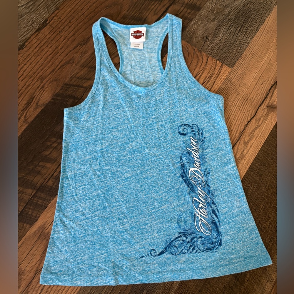 Harley-Davidson Light Blue Racerback Tank with Navy Script